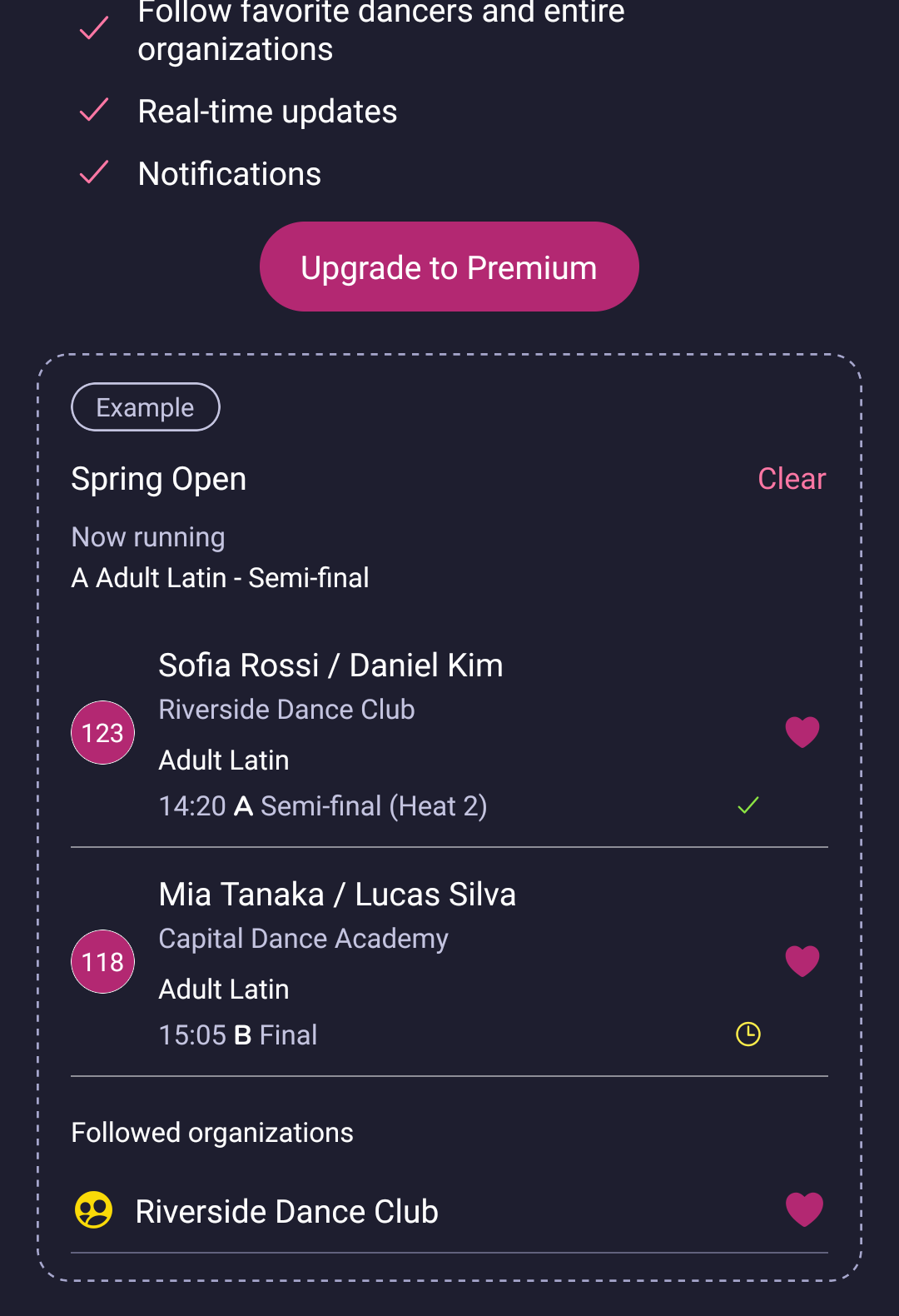 Favorites tab with an example of followed dancers and a club