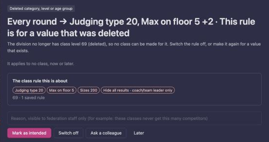 The review of a Deleted value finding, with Switch off next to Mark as intended