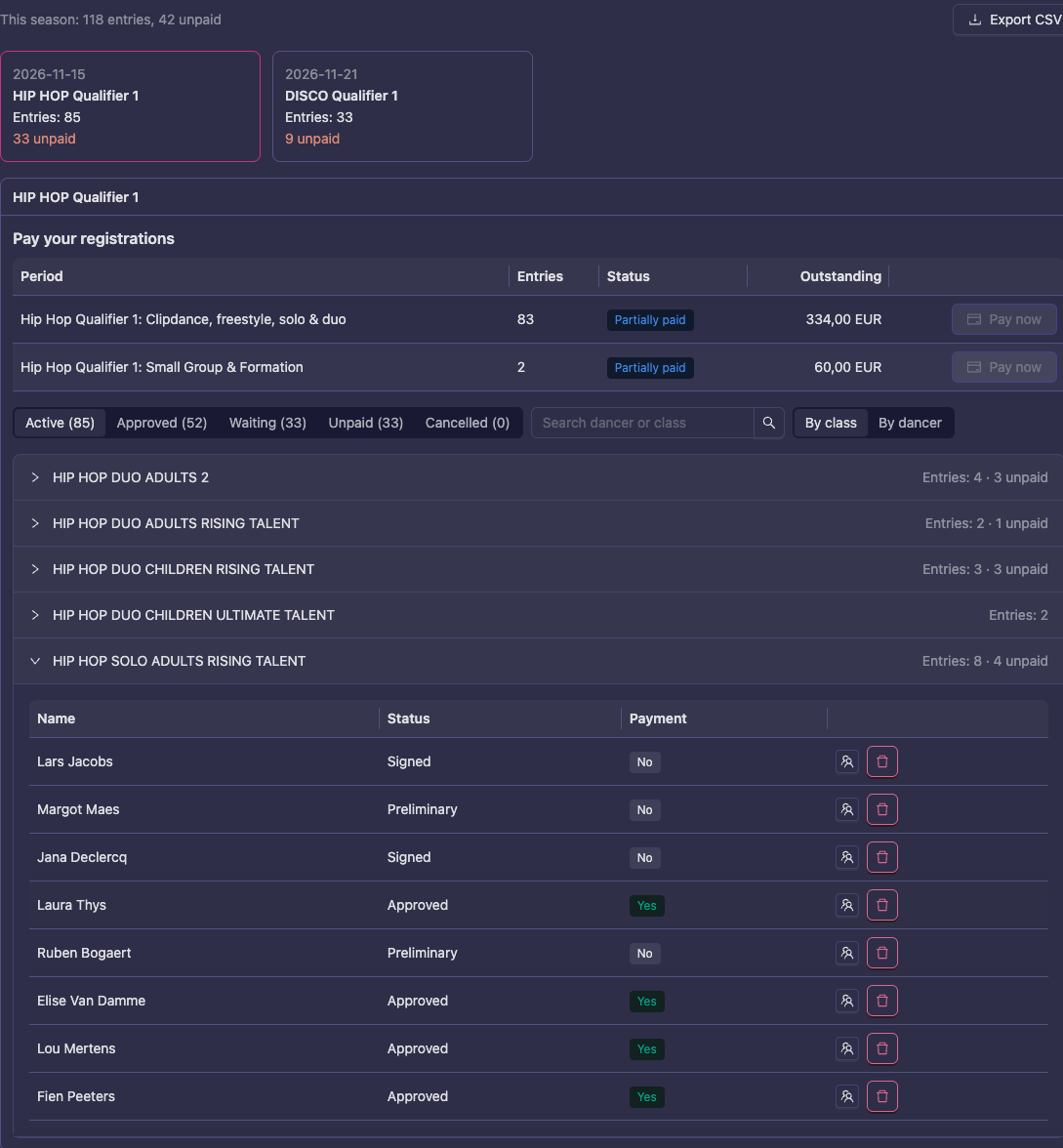 The Registration screen with the season's events and entries folded per class