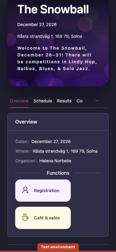 The helper's event page, with the Registration and Café & sales tiles
