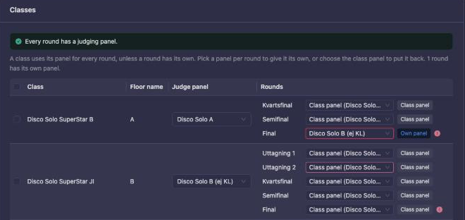 Each class with its panel, and each round's own panel