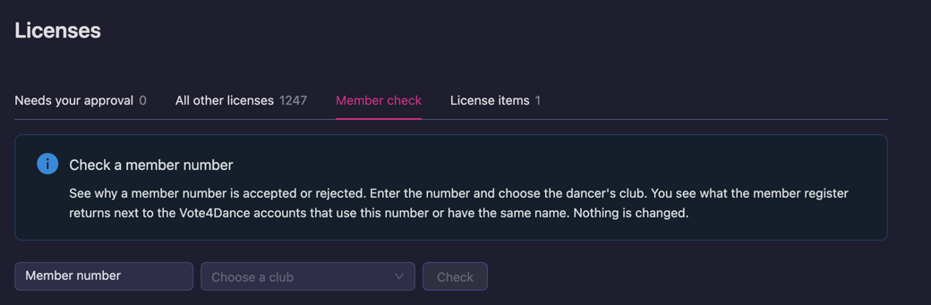 The Member check tab on the Licenses page