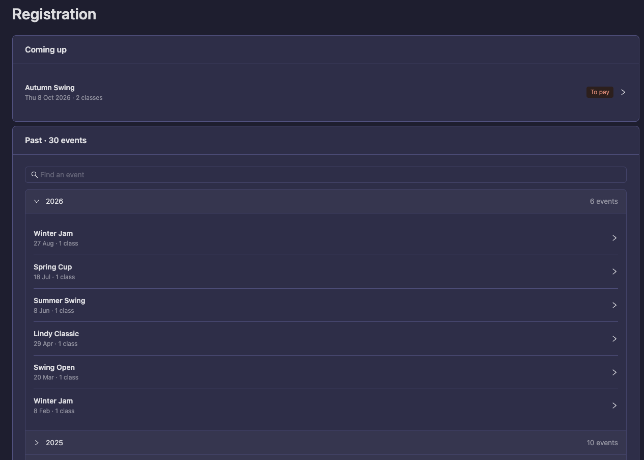Your events on the account page