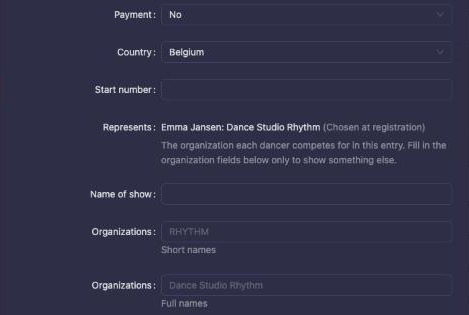 The Represents row in Edit registration, with the club shown in grey in the Organizations fields