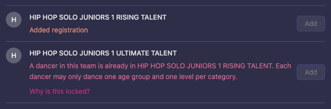 A class locked because the dancer is already in another level of the same category