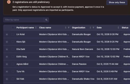 The Registrations tab with the notice counting preliminary registrations, the Show only these button and the Organization column