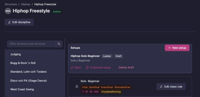 The Setups card on the Class rules tab