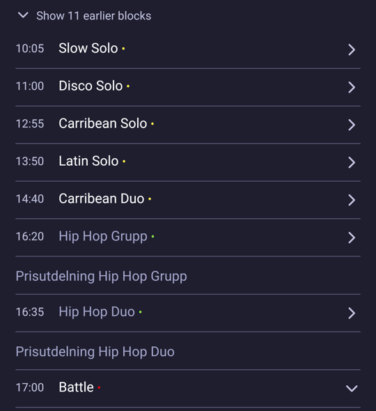The schedule in the app, with the link to show earlier blocks
