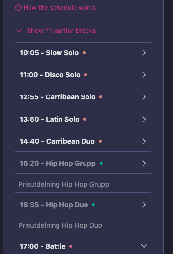 The top of a schedule that is under way, with the link to show earlier blocks