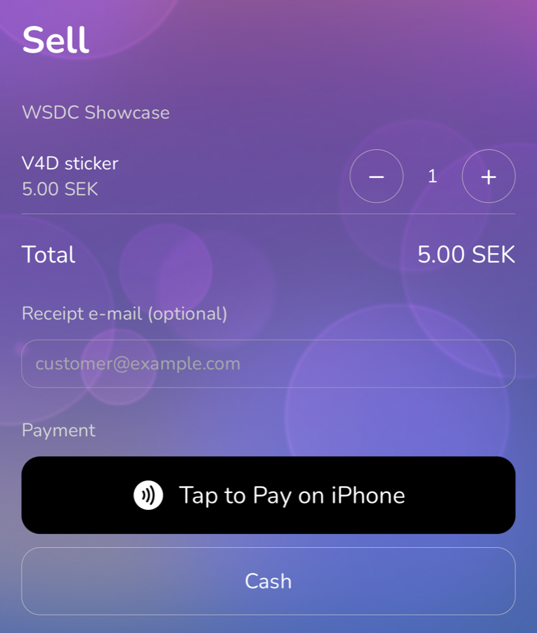 The Sell screen with a sticker in the sale, the total, the receipt e-mail and the payment buttons
